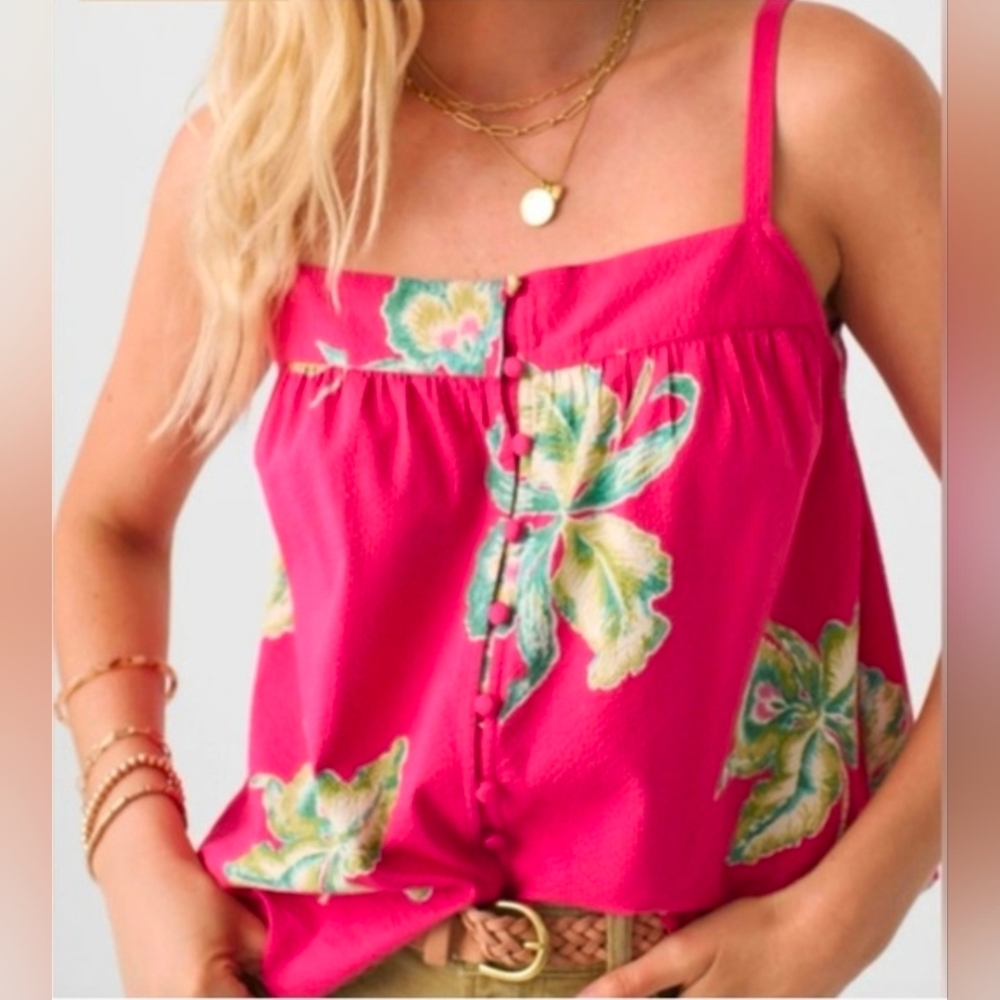 Faherty Pink Floral Tropical Sleeveless Tank Top - Size M - Organic Cotton Blend